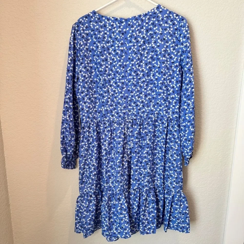 NWT Eliza J Blue Floral V-Neck Ruffle Skirt Mini Dress - Size 14